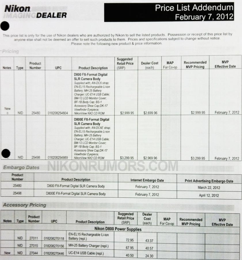 Nikon D800 Dealer Pricing Revealed