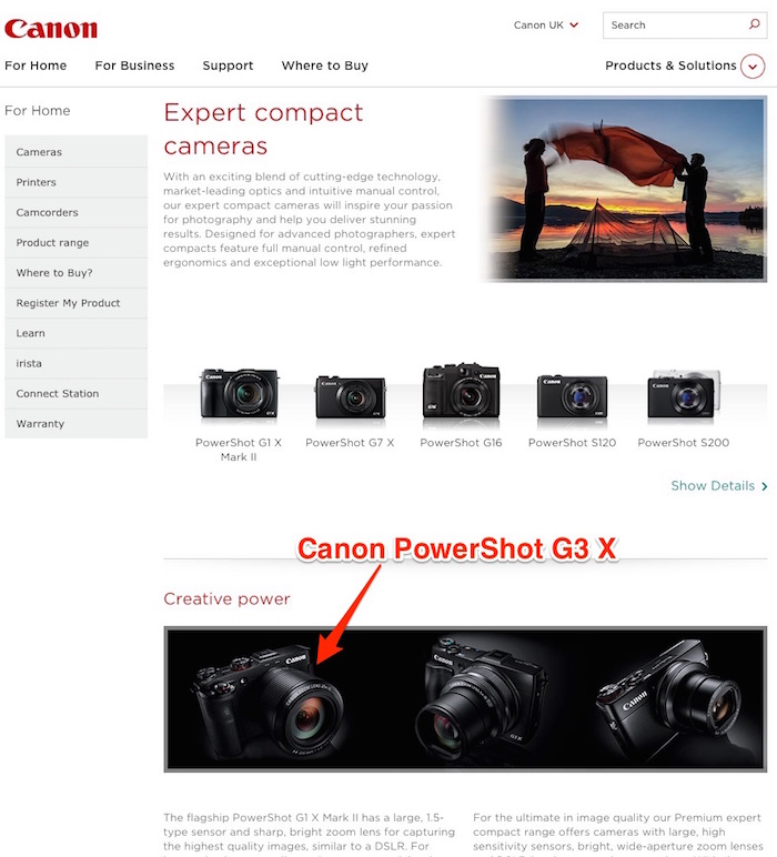 Canon PowerShot G3 X Surfaces on Canon UK site